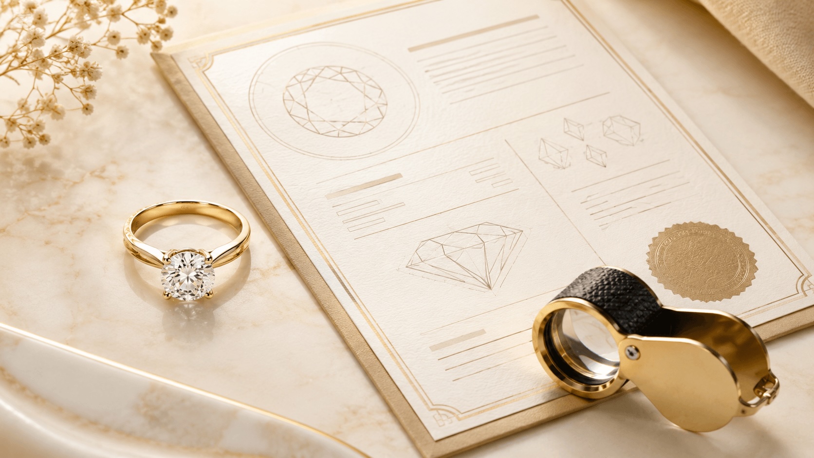 Certificado de diamante junto a un anillo de compromiso