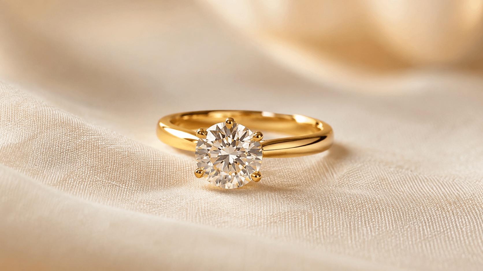 Anillo de compromiso con diamante certificado sobre fondo marfil — Dignum
