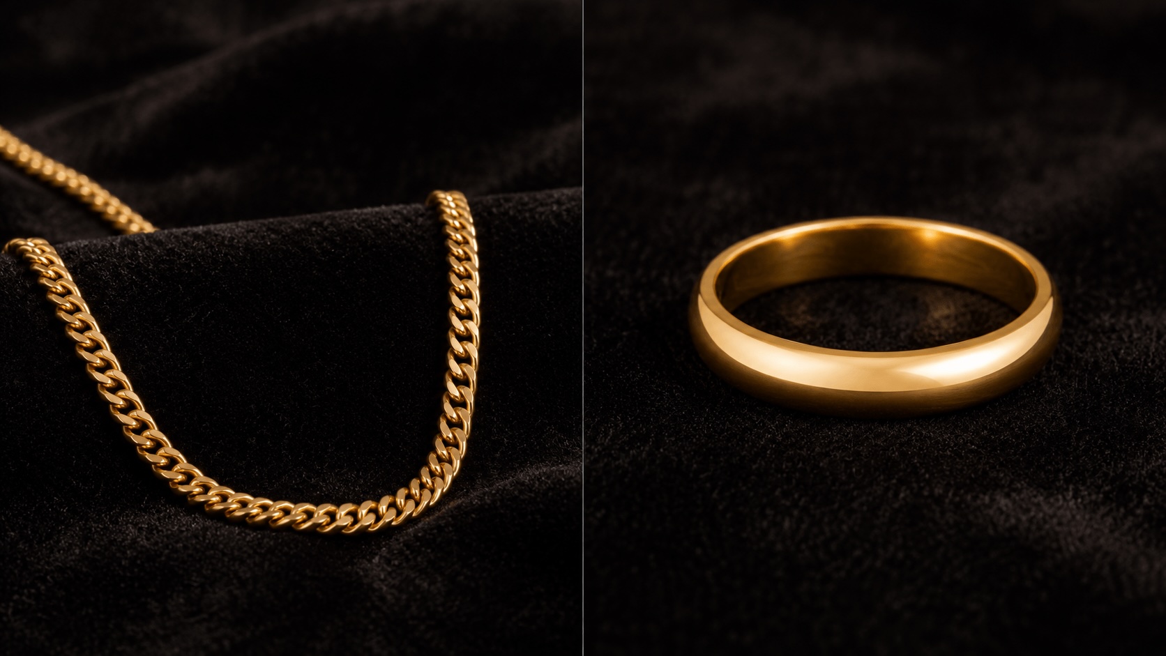 Cadena de oro 10k y anillo de oro 14k lado a lado sobre terciopelo