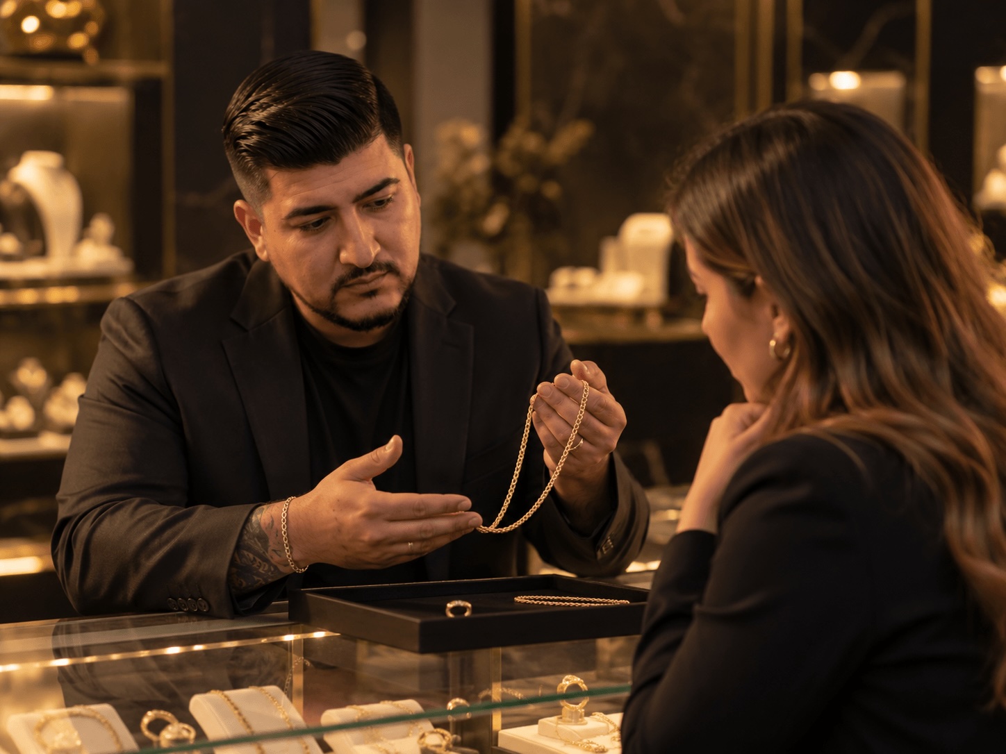 Asesor de Dignum mostrando una cadena de oro a una clienta en la boutique del Magno Centro Joyero