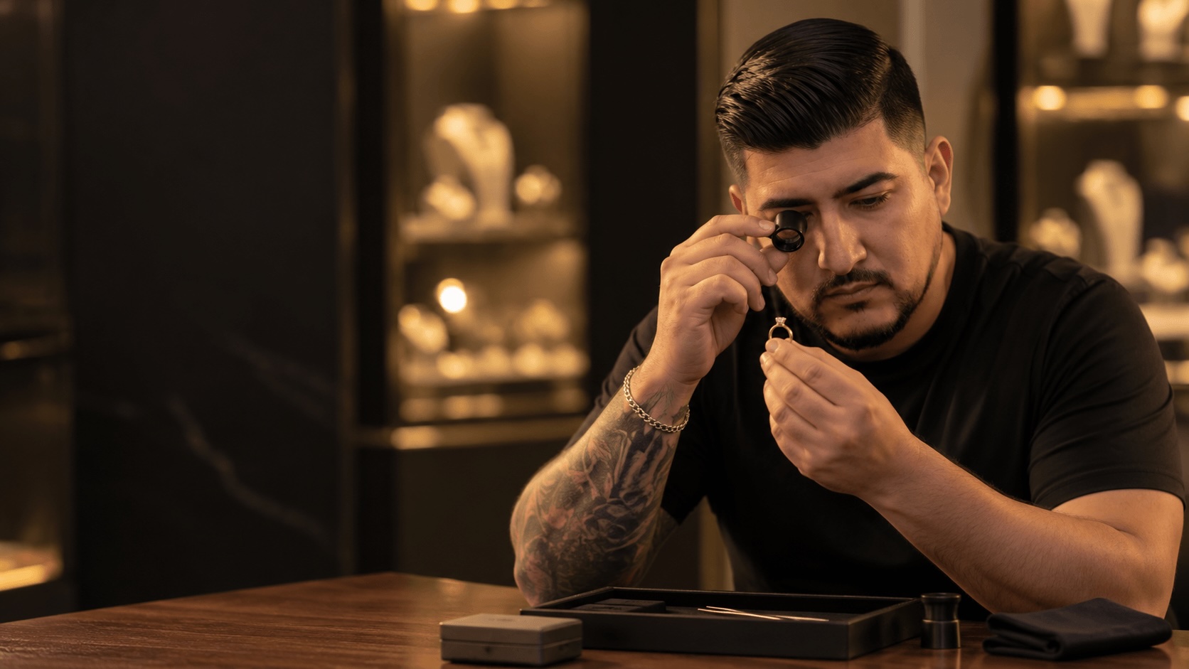 Asesor de Dignum revisando un anillo de oro con diamante antes de mostrarlo a la clienta