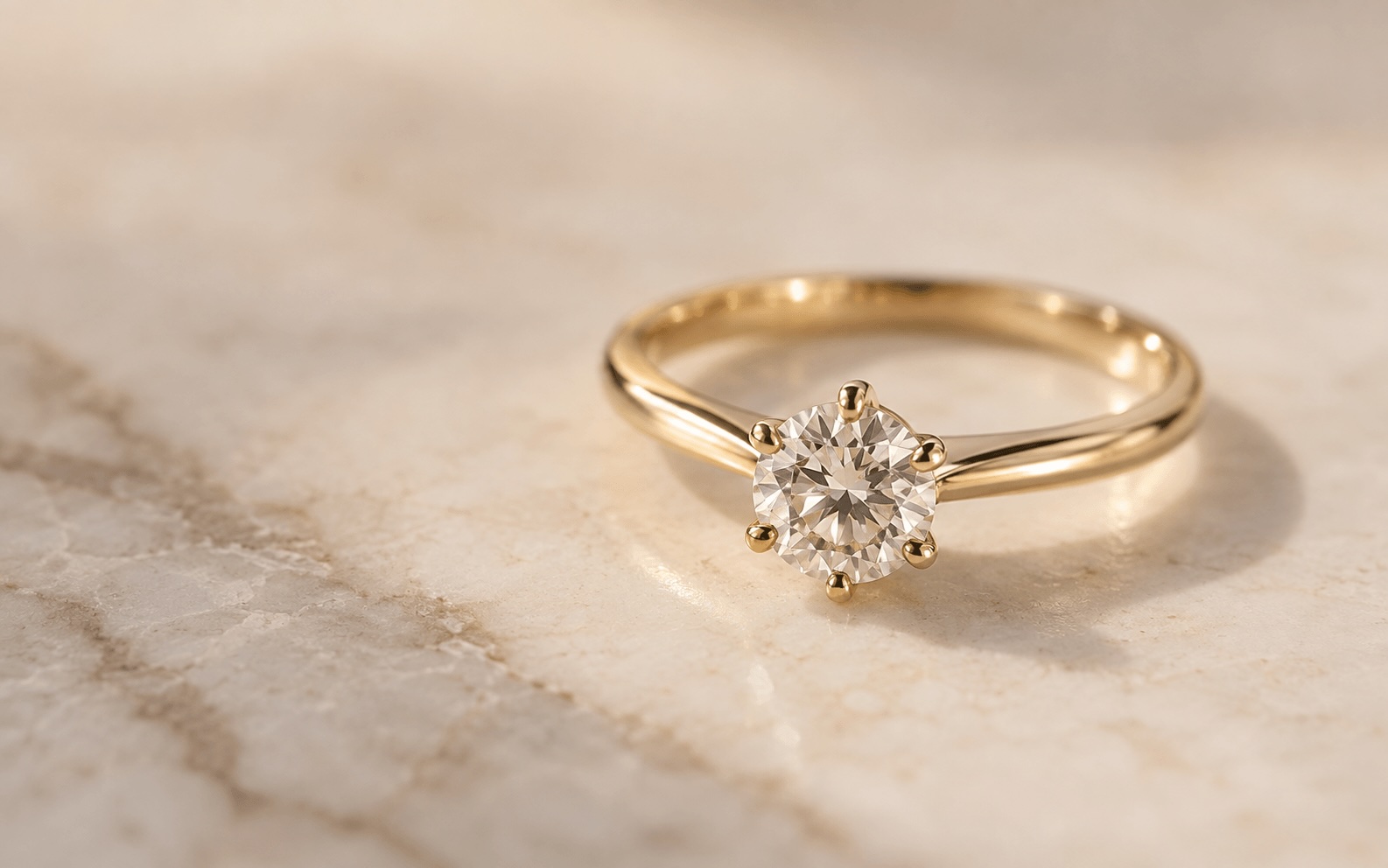 Anillo de compromiso de oro amarillo con diamante redondo sobre mármol, Dignum Guadalajara