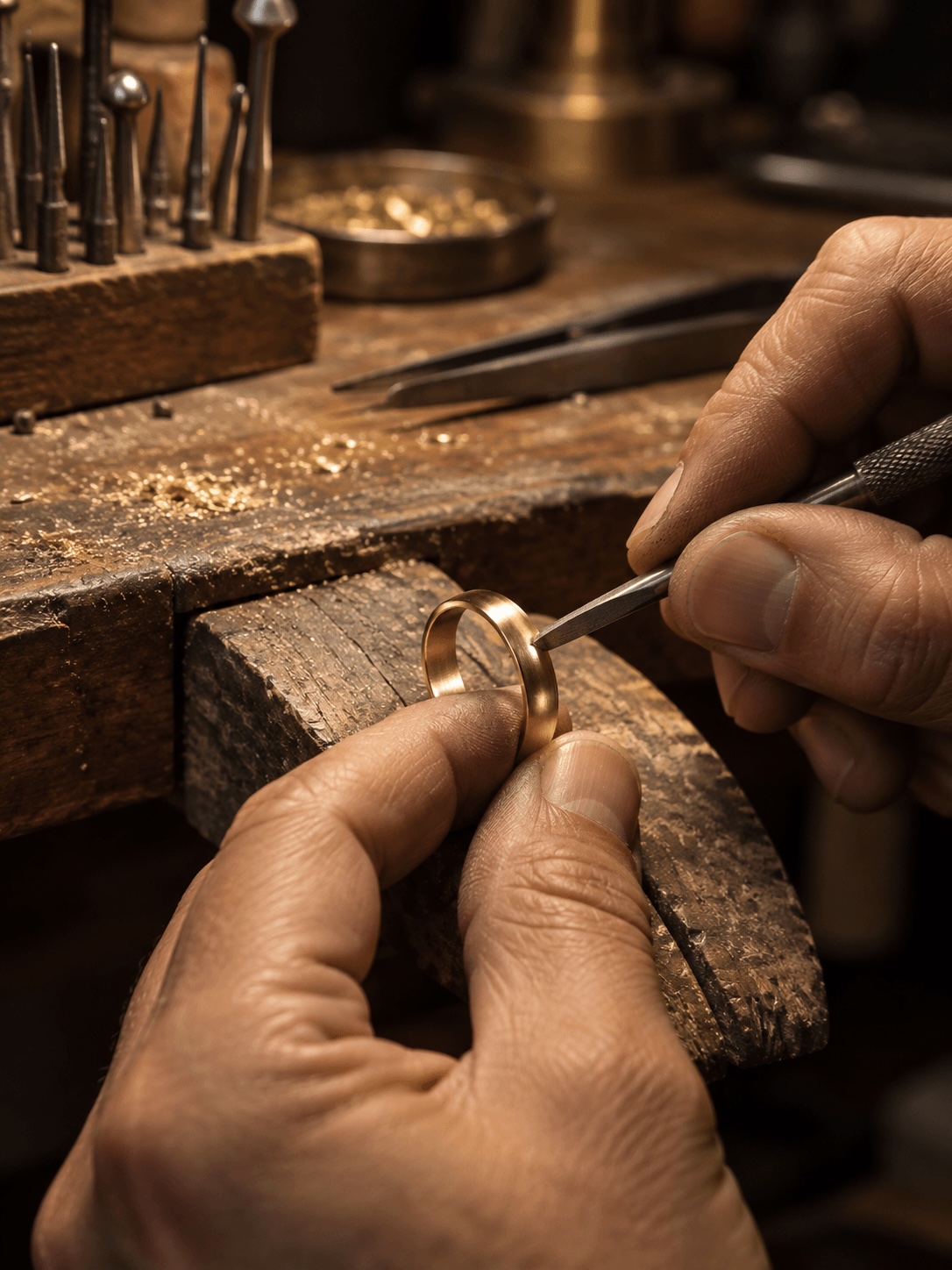 Detalle de argollas de matrimonio de oro Dignum, terminado a mano